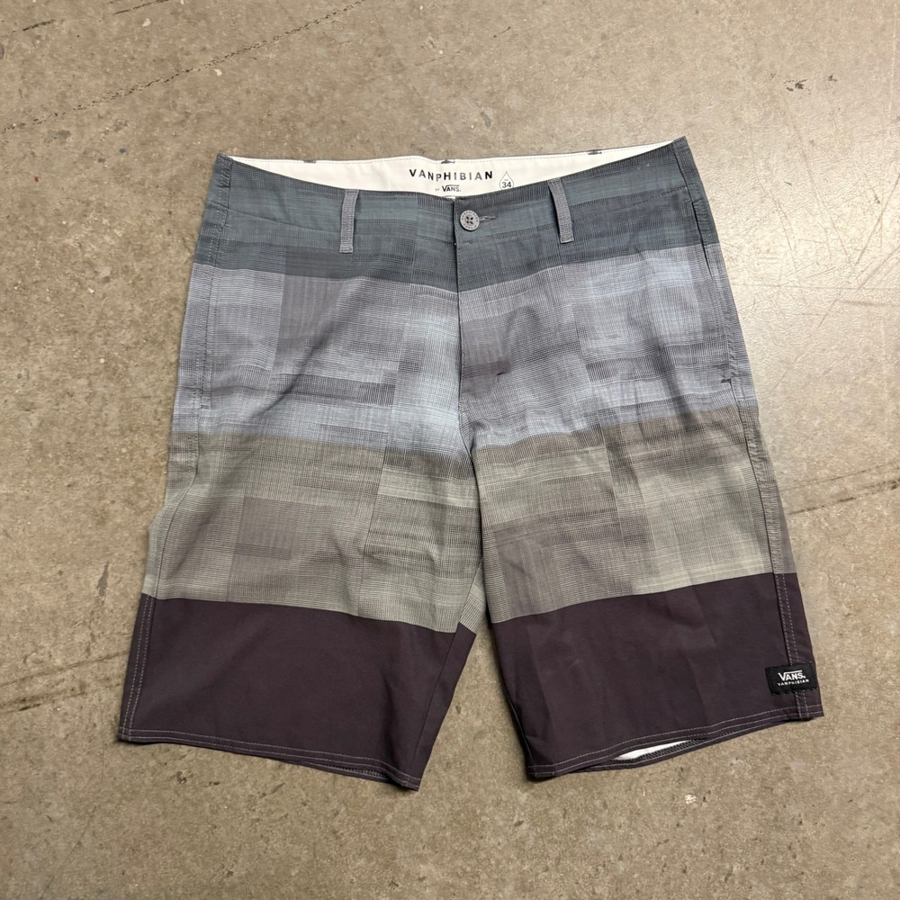 Vans Vanphibian Mens Size 34 Hybrid Board Shorts Grey Brown Plaid Walk Shorts